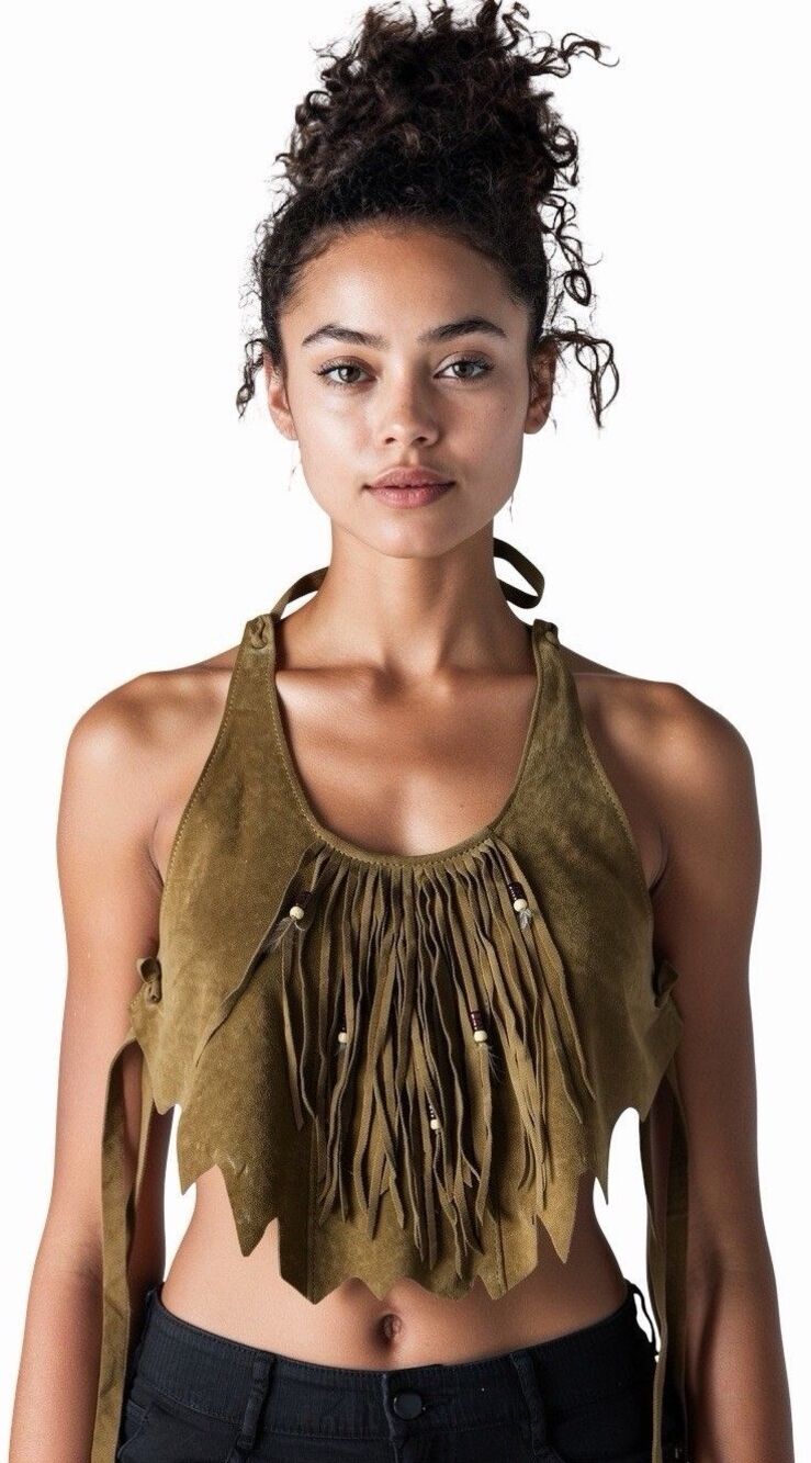 HB Native American Suede Leather Halter Crop Top Fringe Tan Size M USA Festival